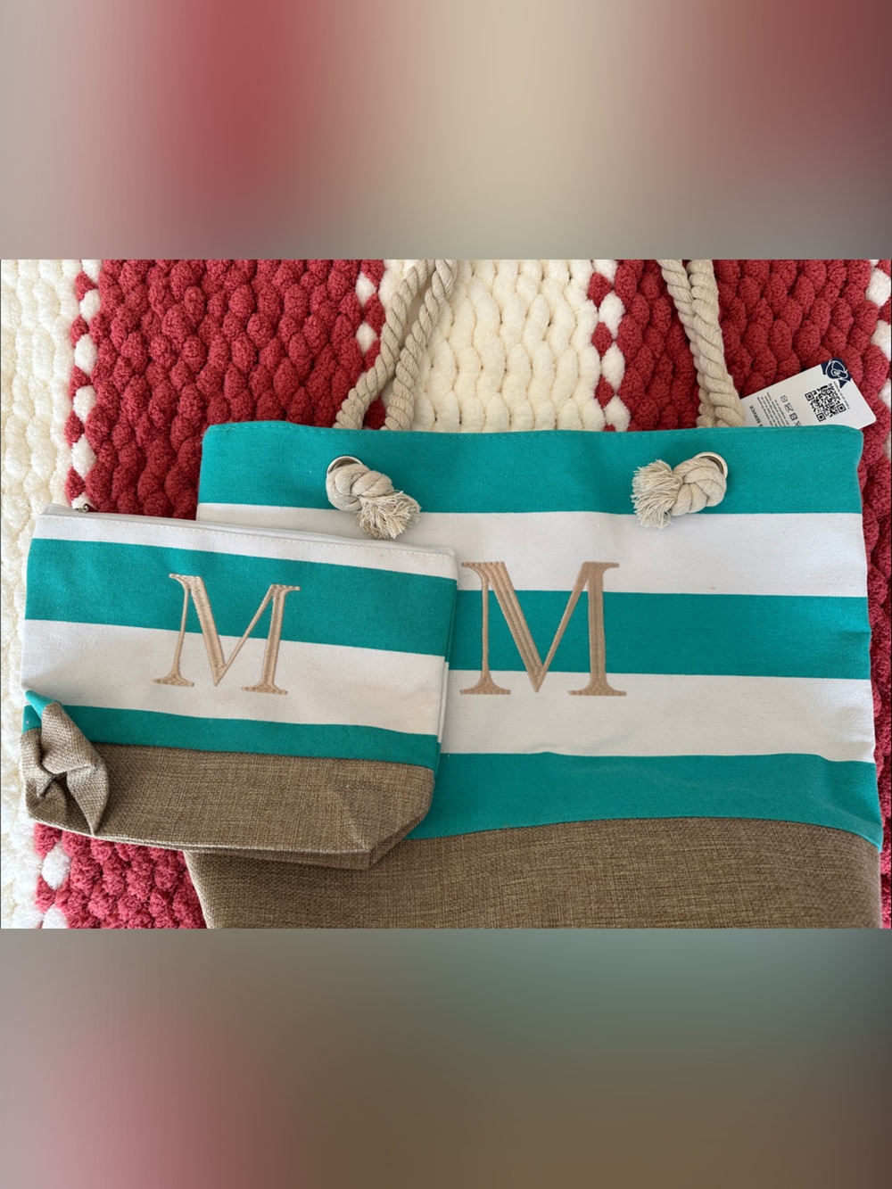 Striped Turquoise and White Monogram Tote with Rope Handles